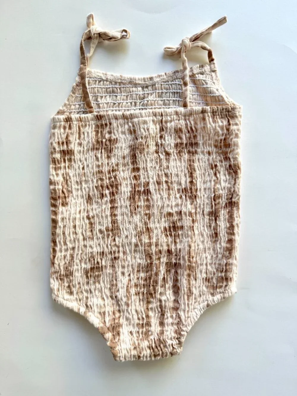Kate Quinn Smocked Gauze Tie Strap Bodysuit Tan Tie Dye 6-12M